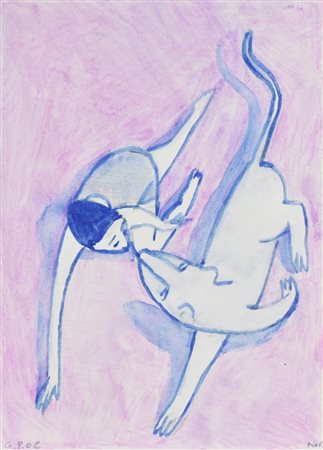 Giacomo Piussi FIGURA FEMMINILE E ANIMALE acquerello e matita su carta, cm...