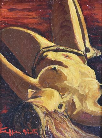 Ginetta Stroppa DA SOLA NEL PRECIPIZIO olio su cartone telato, cm 24x18,5 sul...