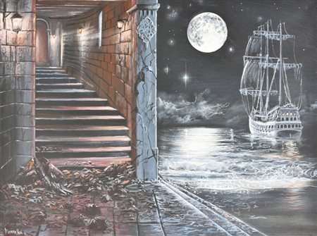 Mauro Pani VELIERO, LUNA E SEGRETI olio su tela, cm 60x80 sul fronte: firma e...