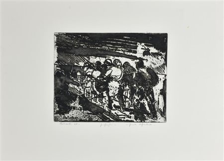 Fulvio Platinetti PROFUGHI incisione su carta, cm 40x53,5 (lastra cm 20,5x26)...