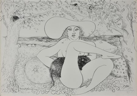Luciano Proverbio DONNA CON GATTO litografia a un colore, cm 50x70 esemplare...
