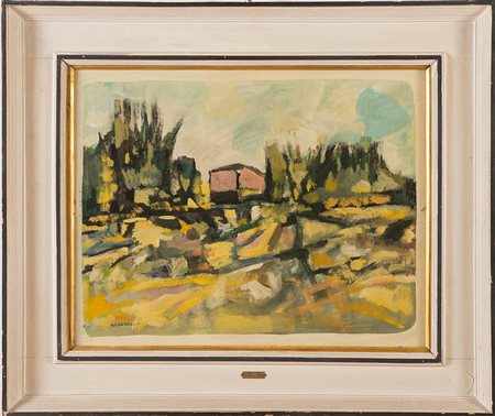 Pietro Azzaroni (Bologna 1912 – 1973), “Paesaggio in collina”. Olio su...