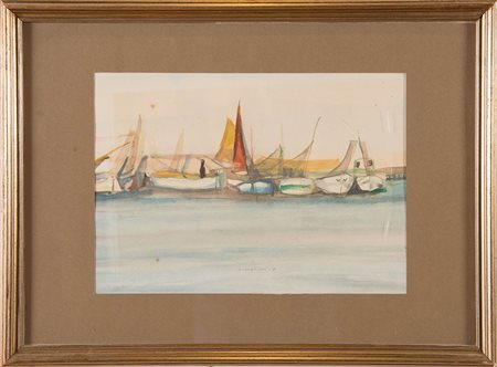 Giuseppe Gagliardi (Bologna 1902 – 2005), “Barche in porto”, 1950. Acquerello...