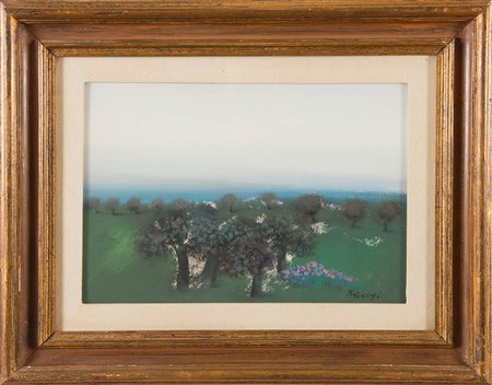 Manlio Bacosi (Perugia 1921 - 1998), “Paesaggio marino”. Olio su cartone...