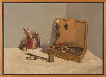 Dino Boschi (Bologna 1923 – 2015), “Strumenti del pittore”, 1951. Olio su...