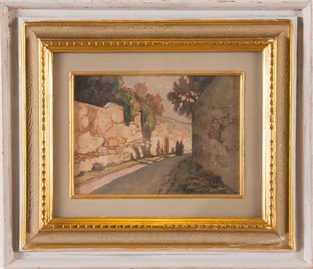 Gino Romiti (Livorno 1881 – 1967), “Scorcio con figure”. Olio su tavola,...