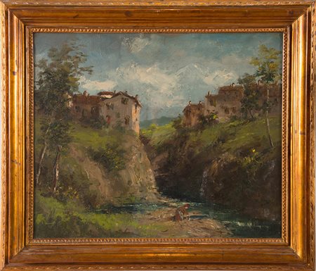 Giuliano Amadori (Bologna 1883 – 1972), “Paesaggio fluviale”, Anni ‘40. Olio...