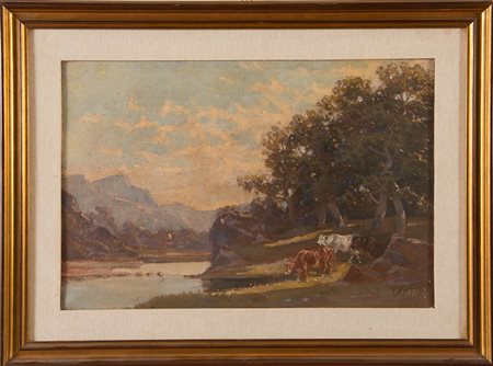 Giulio Fiori (Bologna 1909 - 1991), “Paesaggio con armenti’, 1976. Olio su...