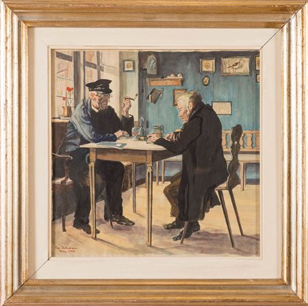 Pittore del XX sec., “Interno con figure”, 1944. Acquerello su carta, firmato...