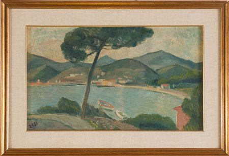 Ercole Drei (Faenza 1886 – Roma 1973), “Paesaggio lacustre”. Olio su cartone...
