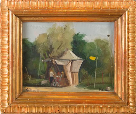 Guido Bugli (1912 – 2003), “Chiosco”, 1961. Olio su tela, firmato in basso a...