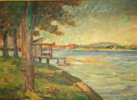 PIETRO MARUSSIG (Trieste 1879 - Pavia 1937) "Scorcio di lago" Olio su...