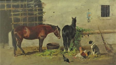 ARTISTA FRANCESE DEL XIX SEC. "Cavalli e animali sull'aia" Olio su tela...