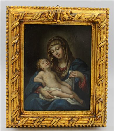 PITTORE ROMANO DEL XVIII SEC. "Madonna col Bambin Gesù dormiente" Olio su...