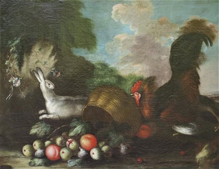 GIUSEPPE PESCI (?-Parma 1722) "Frutta e animali da cortile" Olio su tela cm...