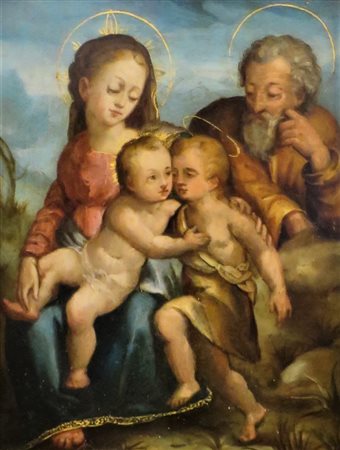 PITTORE ITALIANO DEL XVIII SEC. "Sacra famiglia con San Giovannino" Olio su rame
