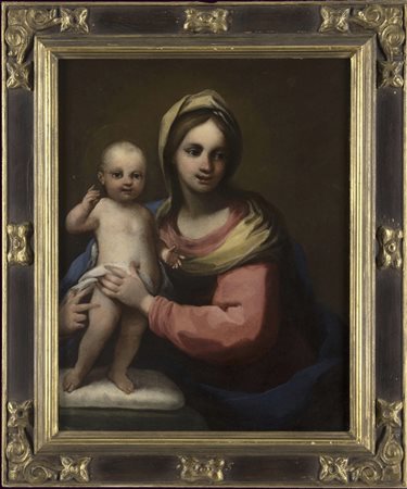 MAESTRO TOSCANO DEL XVII SEC. "Vergine e Gesù Bambino benedicente" Olio su...
