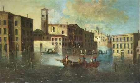 PITTORE VENETO ATTIVO NEL XVIII SEC. "Canale a Venezia" Olio su tela cm 35x57,5