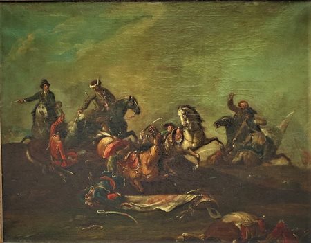 PITTORE ROMANO ATTIVO NEL XVIII SEC. "Scontro tra cavalieri" Olio su tela cm...