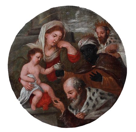 PITTORE VENETO DEL XVII SEC. "Adorazione di magi" Olio su tavola diametro cm...