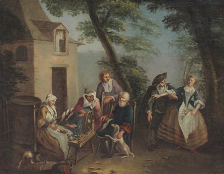 PITTORE FIAMMINGO DEL XVIII SEC. "Scena di genere con filatrice" Olio su tela...