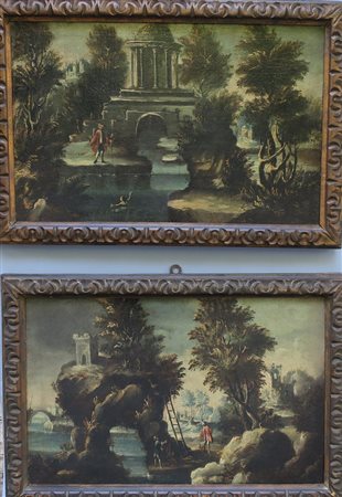 PITTORE ROMANO ATTIVO TRA IL XVII ED IL XVIII SEC. "Paesaggio con torri e...