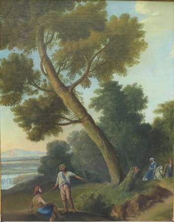 PITTORE ROMANO ATTIVO NEL XVIII SEC. "Paesaggio con figure" Olio su tela cm...