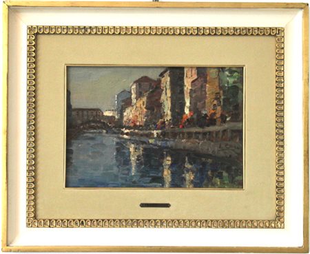 ERMA ZAGO (Bovolone 1880-Milano 1942) "I Navigli di Milano" Olio su tavola cm...
