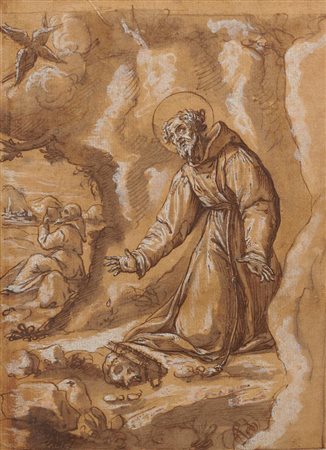 Scuola Italiana del XVII secolo SAN FRANCESCO HA RICEVUTO LE STIMMATE Penna e...