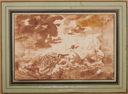 Scuola Francese del XVII secolo NAVI NELLA TEMPESTA Penna e inchiostro bruno....