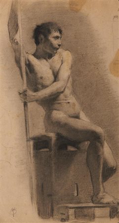 Artista Italiano del XIX secolo STUDIO DI NUDO VIRILE APPOGGIATO AD UN...