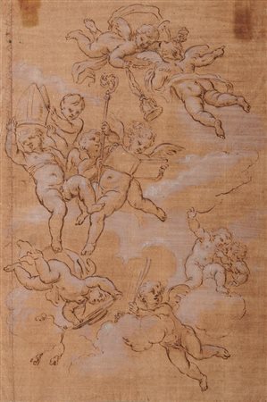 Scuola Lombarda del XVII secolo ANGELI IN VOLO Penna e inchiostro bruno e...