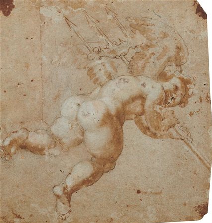 Scuola Italiana del XVI secolo ANGELO IN VOLO CON TRIDENTE Penna e inchiostro...