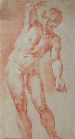 Scuola Emiliana del XVII secolo STUDIO DI NUDO VIRILE IN PIEDI Matita rossa,...