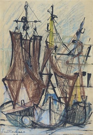 Giuseppe Santomaso Venezia 1907-1990 "Bragozzi all'ormeggio" cm. 49x34 -...