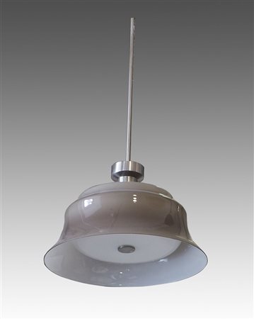 Lampada a sospensione in vetro marrone e bianco. H. cm. 90.