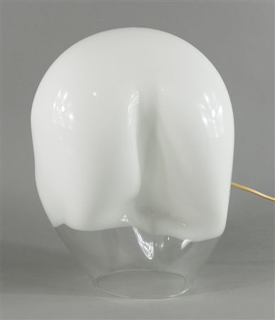 Lampada da tavolo in vetro lattimo con fascia inferiore trasparente a forma...