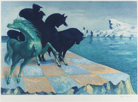 Aligi Sassu Milano 1912-2000 "Cavalli e toro" cm. 70x85 - litografia a colori...