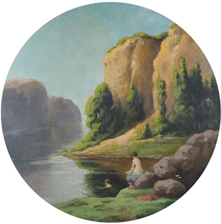 Marie Therese Croy "Bagnanti" diam. cm. 72 - olio su tavola Firmato b. a d....