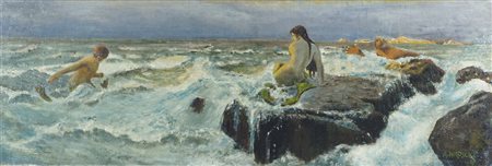 A. Mrosek "Bagnanti sugli scogli" cm. 32x90 - olio su tela Firmato b. a d. e...