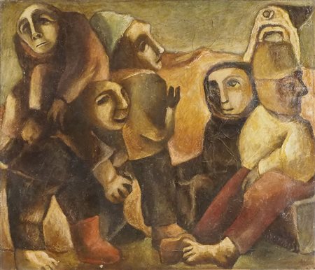 Paolo Pennisi 1939 "L'incontro" cm. 65x76 - olio su tela Firmato b. a d. e...