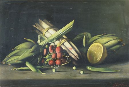 Gregorio Sciltian 1900-1985 "Natura morta con limone e ravanelli" cm. 28x43 -...
