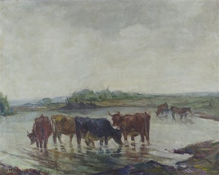 Luis Tessandori 1897-1974 "Mucche nella pozza" cm. 60x75 - olio su tela...