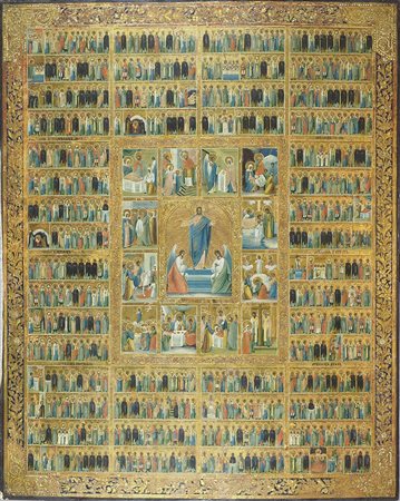 Icona dipinta su tavola raffigurante Menologio annuale. Russia, XIX secolo....