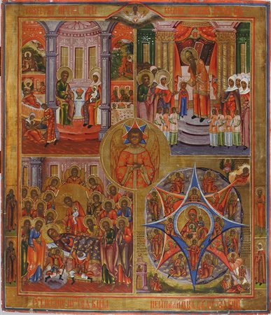 Icona dipinta su tavola raffigurante 4 parti con Beato Silenzio. Russia...