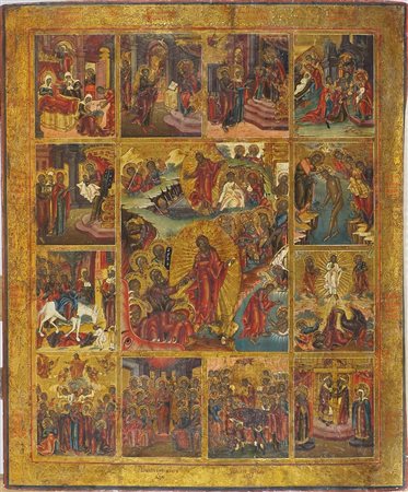 Icona dipinta su tavola raffigurante Rex e discesa con 12 feste. Russia...