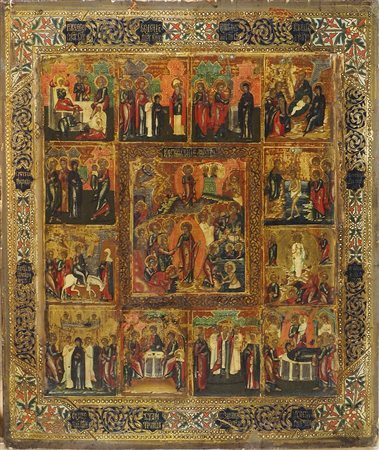 Icona dipinta su tavola raffigurante Rex e discesa con 12 feste. Regione di...