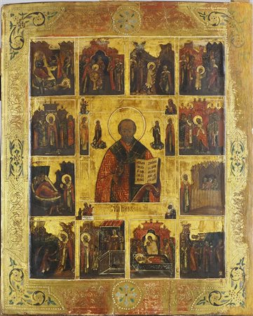 Icona dipinta su tavola raffigurante San Nicola con scene di vita. Regione di...