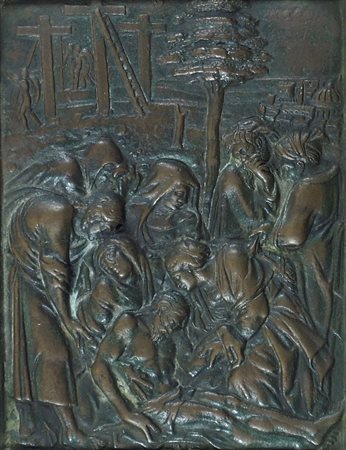 Coppia di bassorilievi in bronzo raffiguranti scene sacre, incorniciate. cm....