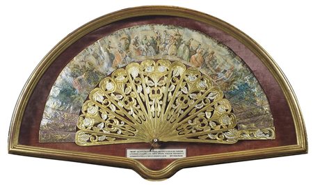 Ventaglio acquerellato su base litografica raffigurante Mosè salvato dalle...